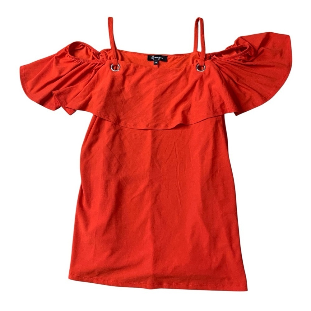 ⚡️Lily Morgan Red Cold Shoulder Ruffle Top - Size Large - Picture 1 of 6